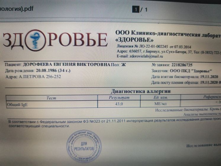 Сдала общий IgE, показатели