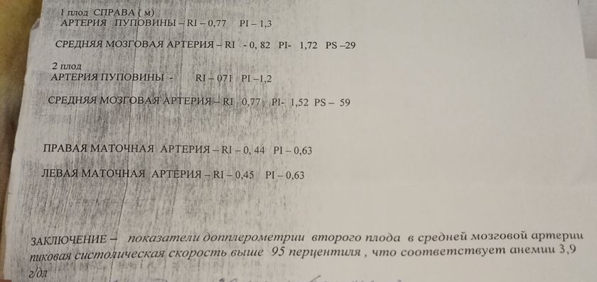 Заключение:показатели допплерометрии второго плода
