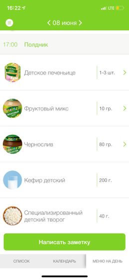 Меню малыша на день